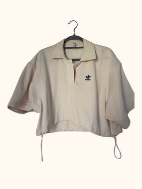 Adidas Originals Cropped Polo Shirt Cream White Ribbed Knit Top Large